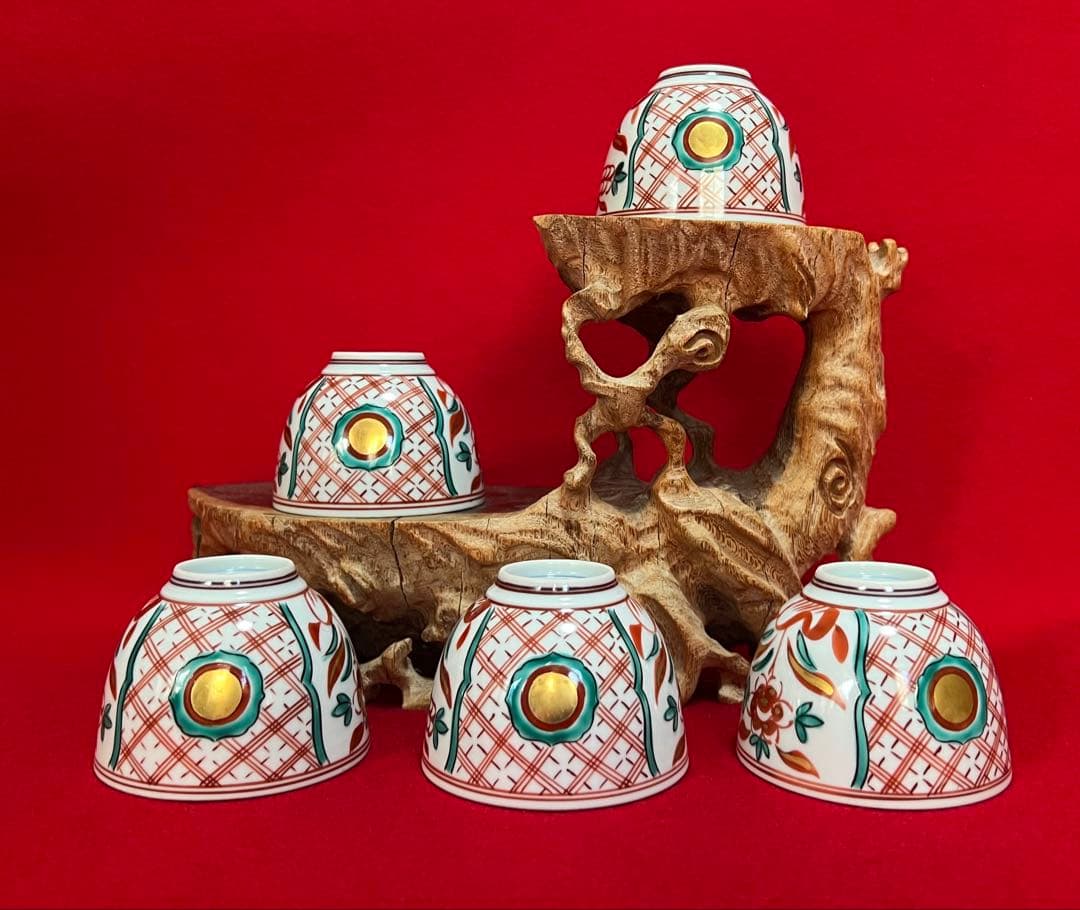 京焼 清水焼 薄胎 赤絵貼金 汲出碗揃五客 陵泉造　茶道具