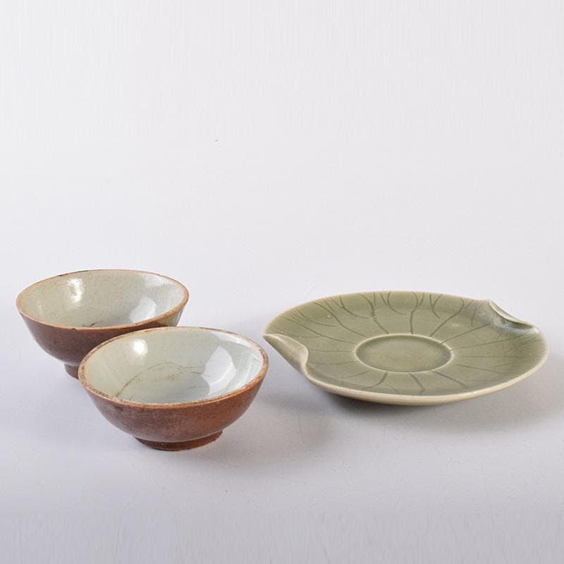 中国　唐物　龍泉窯　青磁盃台　柿釉煎茶器２客　三点まとめて　V　R7569