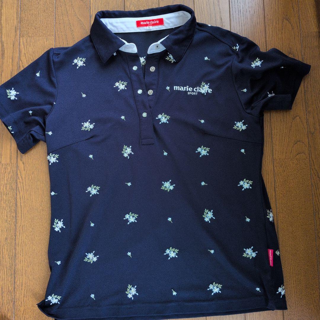 marie claire SPORT Lサイズ ポロシャツ ネイビー 花柄刺繍