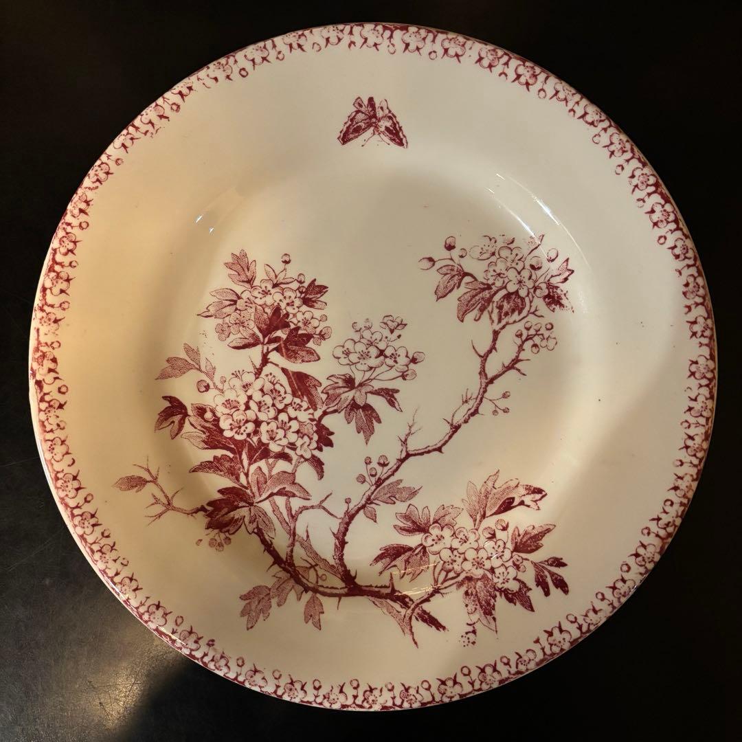 フランスアンティークプレート　赤色　花と蝶 2枚セット