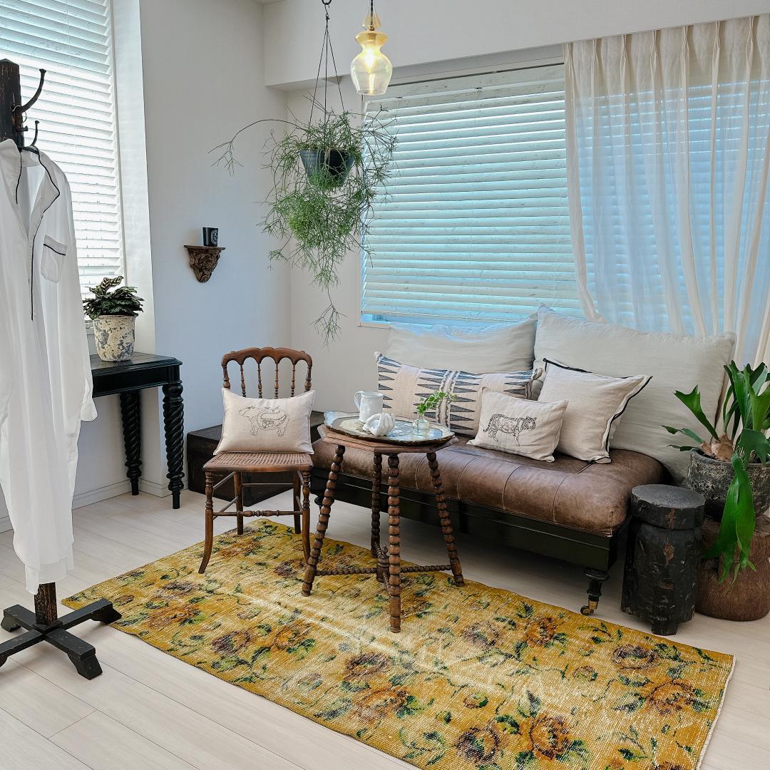 トルコヴィンテージラグ A77 レア イエロー グリーン オーバーダイラグ