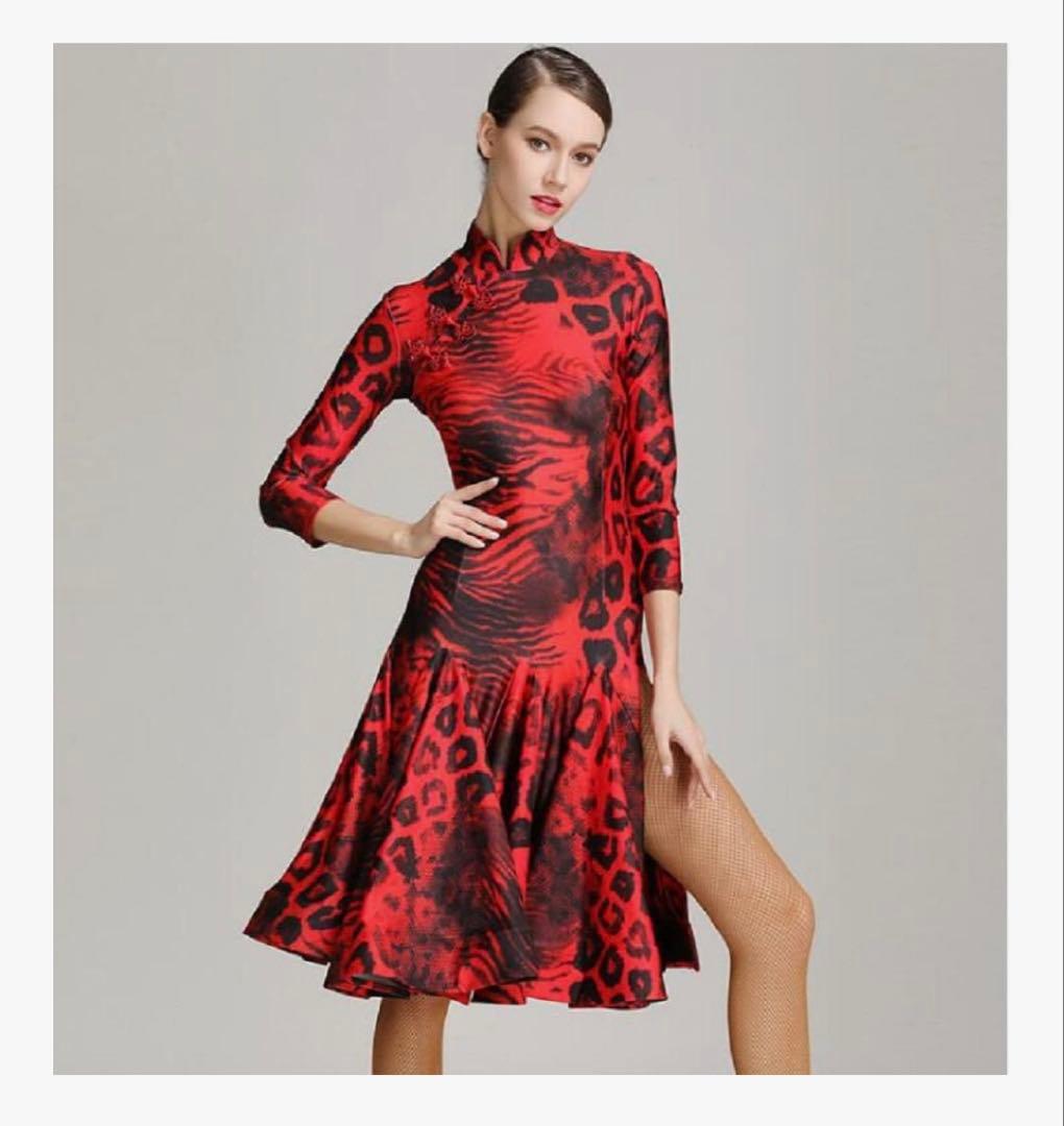 お値下げ【社交ダンス用ドレス】赤黒ヒョウ柄*デモ*レッスン★ラテン★Mサイズ