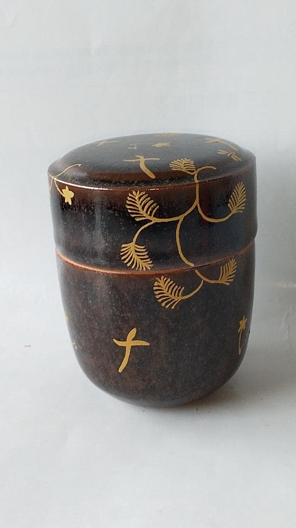 珍品 膳所焼 淡海ぜぜ 陽炎園 岩崎健三 作 陶器製 金彩 蝶鳥棗 茶道具 新品