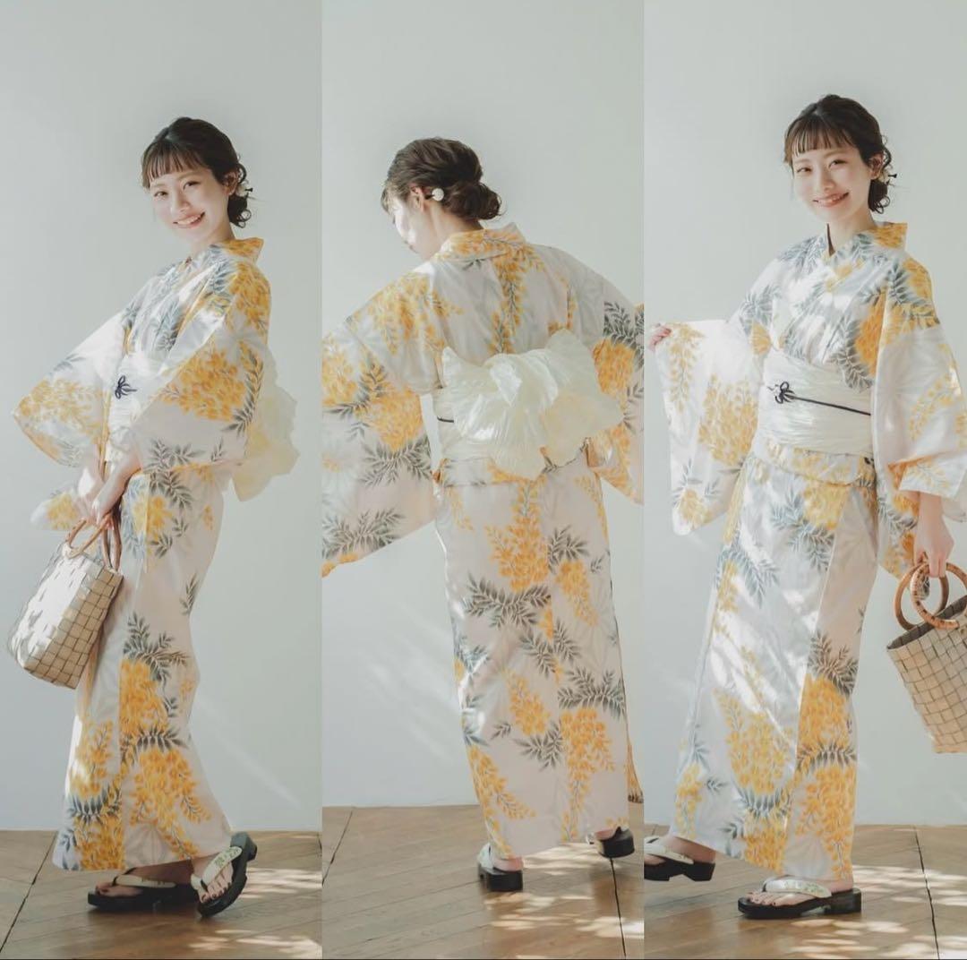 maru×utatane 浴衣3点セット ほぐし麻の葉としだれ藤 マスタード