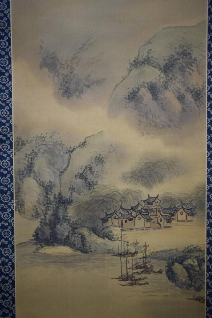 真作/田崎草雲/山水帆船図/絹表装/軸先紫檀/布袋屋掛軸HH-422