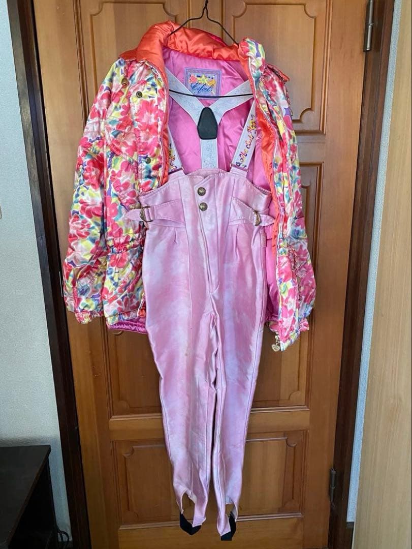 レディースM　90年代初期　スキーウェア　花柄　ピンク　上下　下のみジャパーナ