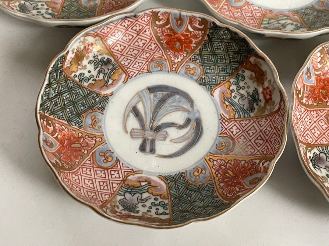 骨董　アンティーク　金襴手　輪花縁　小皿　稲穂文様　5枚