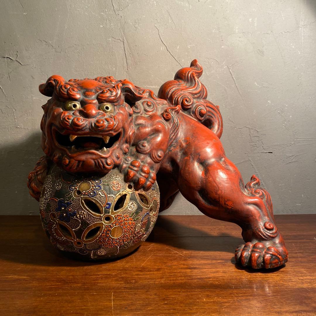 時代物 九谷焼 玉乗り獅子 置物 30cm超え 骨董品 魔除け オブジェ 古手