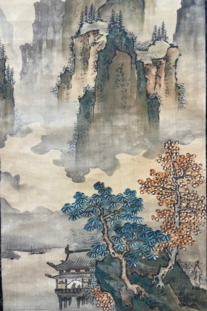 谷文弍筆　青緑山水　絹本肉筆　古美術　送料込み250502