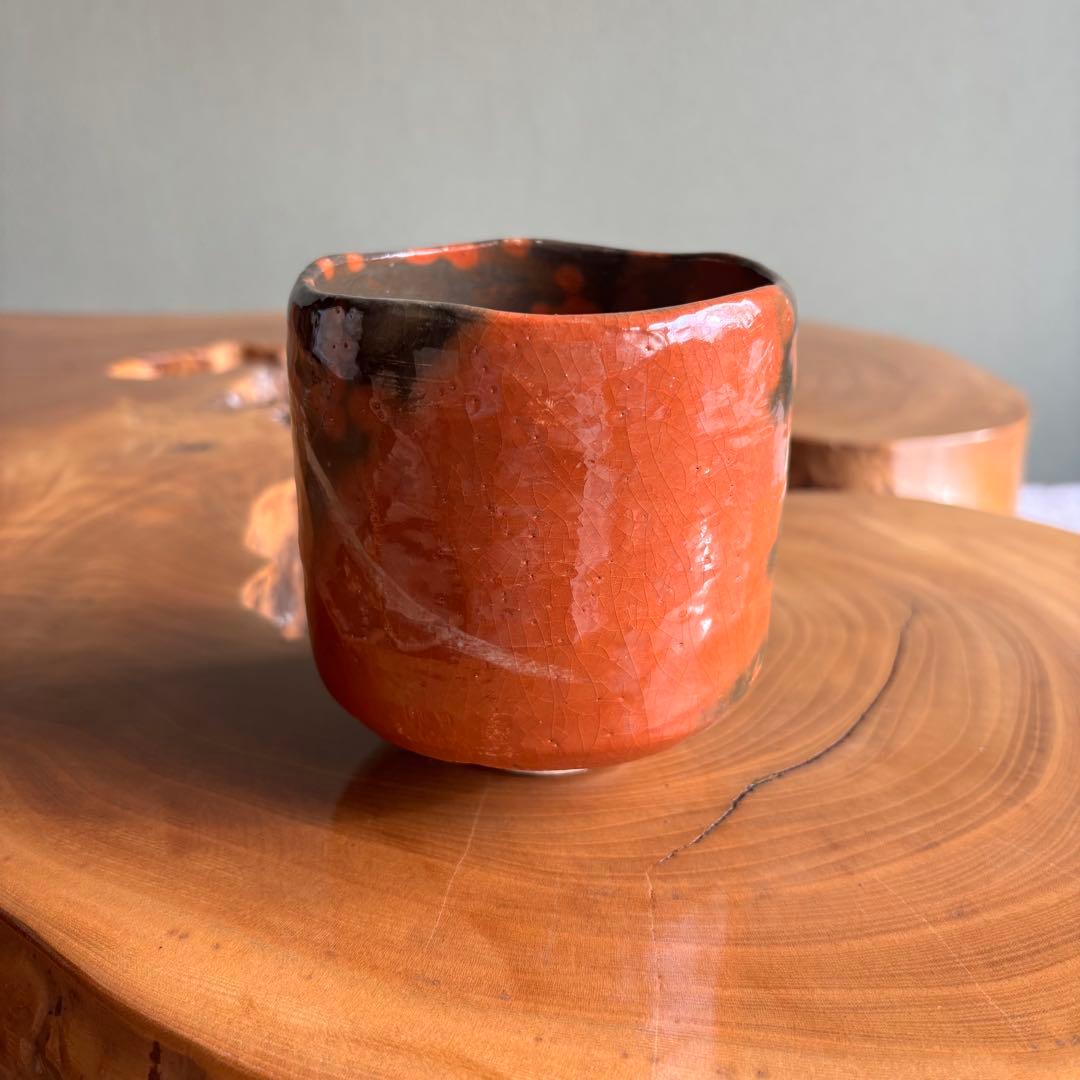 赤楽茶碗 作家物 楽焼 古物 筒茶碗 抹茶碗 茶道具（225Bd）