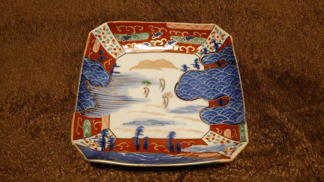 古伊万里　伊万里　色絵　山水　菓子皿　角皿　鑑賞陶器　蔵出し　１客