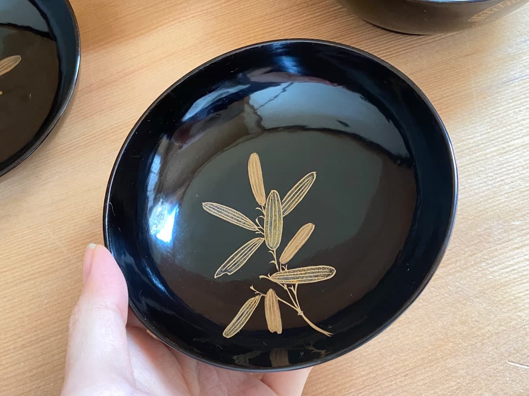 能登に伝わる古民芸 黒漆 福良雀蒔絵 お椀 2客 / 黒塗 漆器椀 蒔絵椀