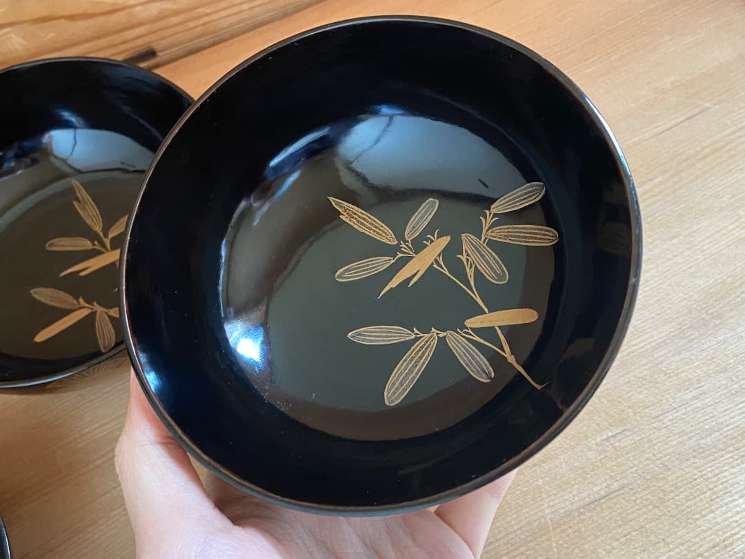 能登に伝わる古民芸 黒漆 福良雀蒔絵 お椀 2客 / 黒塗 漆器椀 蒔絵椀