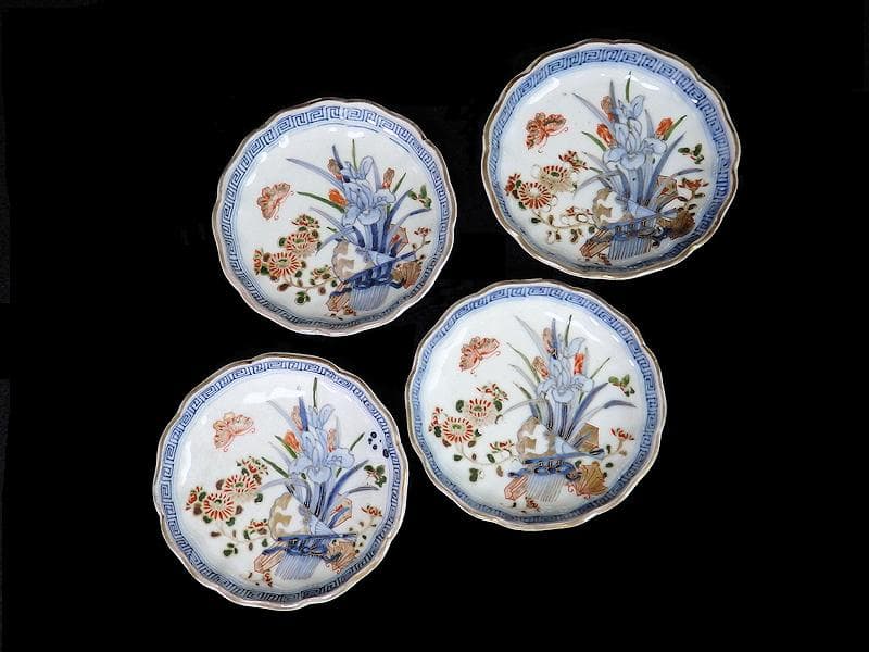 古伊万里　染錦　菖蒲に菊の図　４寸皿　４客　D870AS-BXo