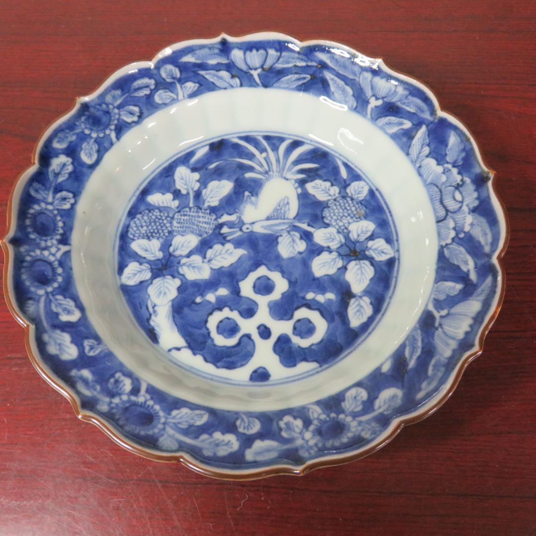 中皿 4枚 鳥 花 染付 古伊万里 上手物 明治