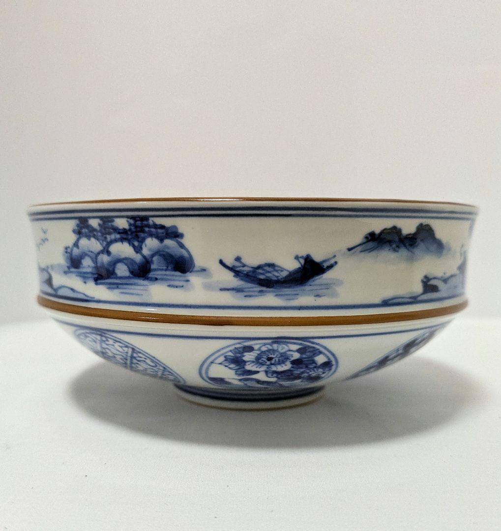 平茶碗　魚藻山水文　染付　共箱 勧修寺窯　手塚景雲（平安）作 古物　中古