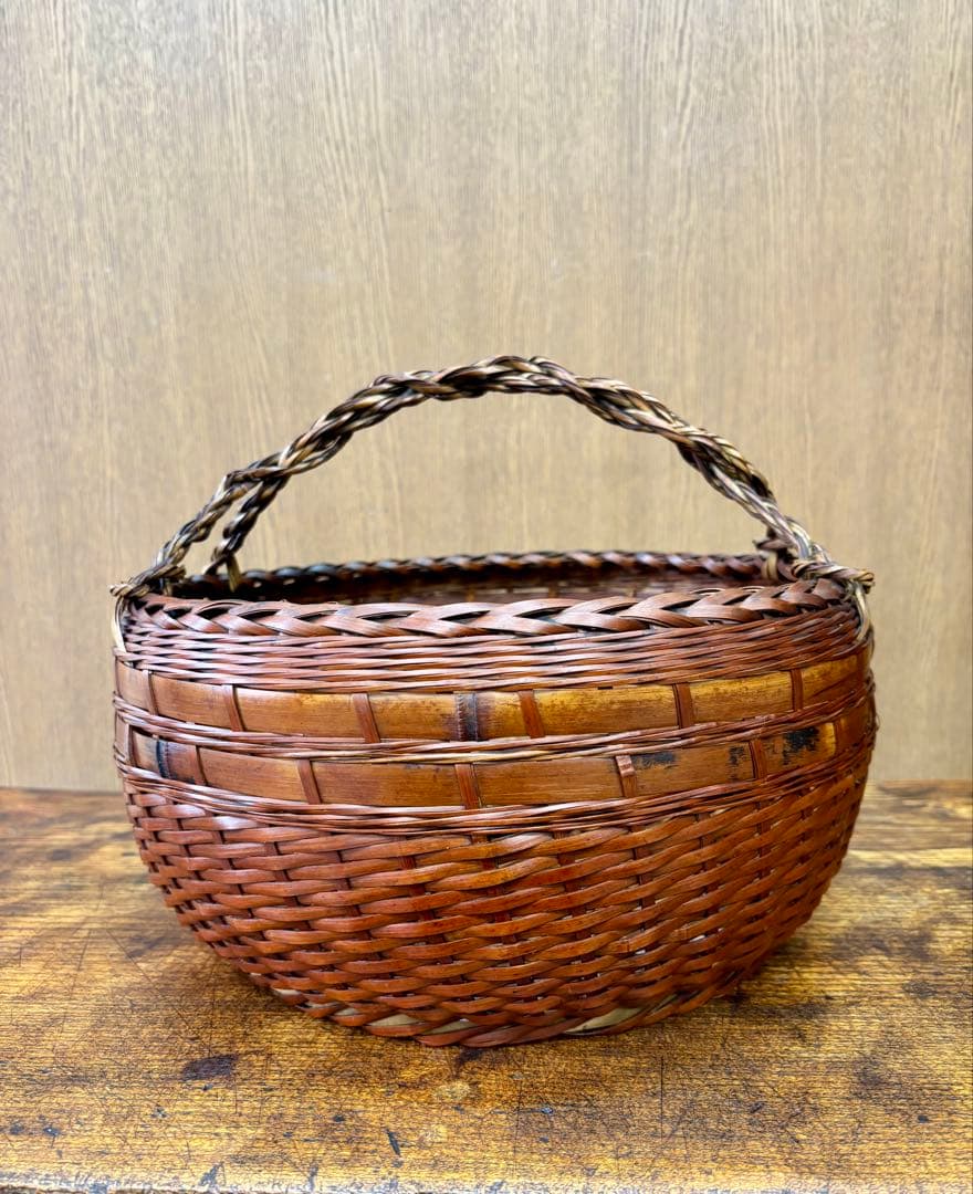 【約100年前／大正十三年】銘入り 竹編み 手提げ籠 竹細工師作 古民藝