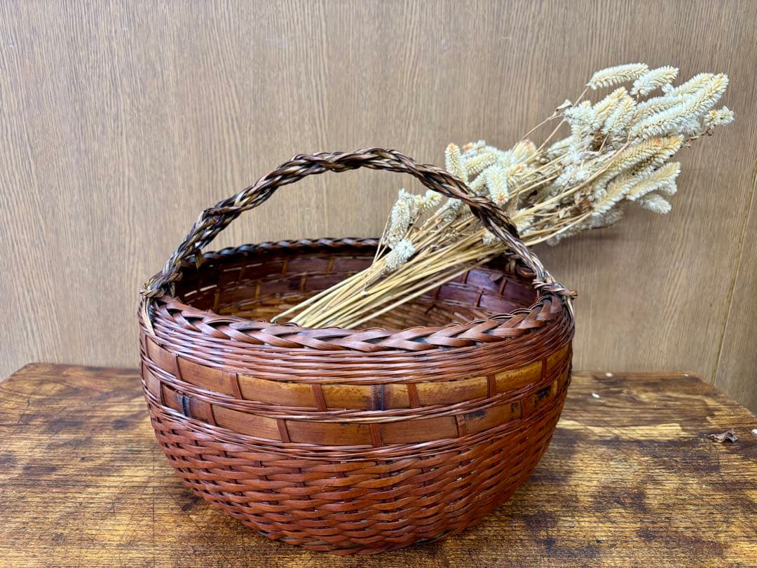 【約100年前／大正十三年】銘入り 竹編み 手提げ籠 竹細工師作 古民藝