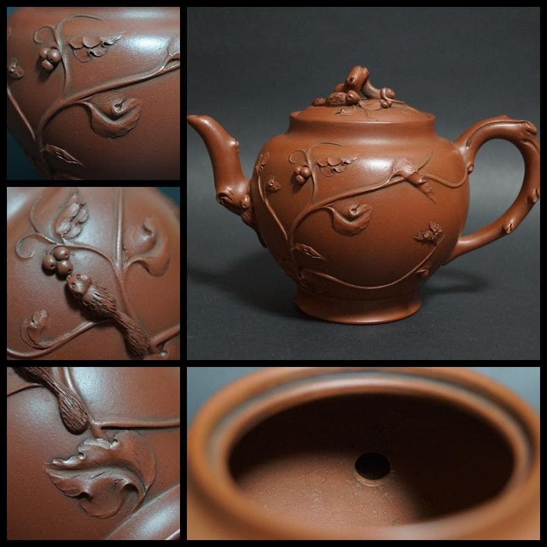煎茶道具 萬寶款 粟鼠葡萄壺 細工彫り 後手紫砂壺 万宝造朱泥 急須茶器 茶道具