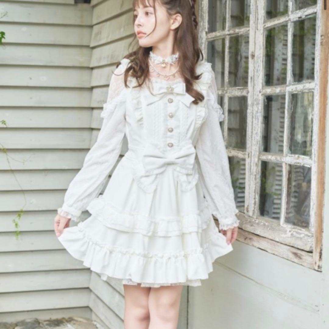 リズリサ　ティアラリボンティアードワンピース　白