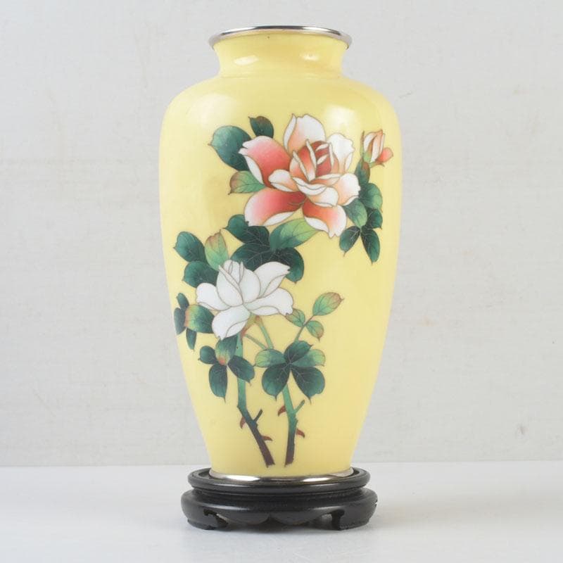 七宝焼　四君子文　花瓶　唐木台・箱付　V　9872