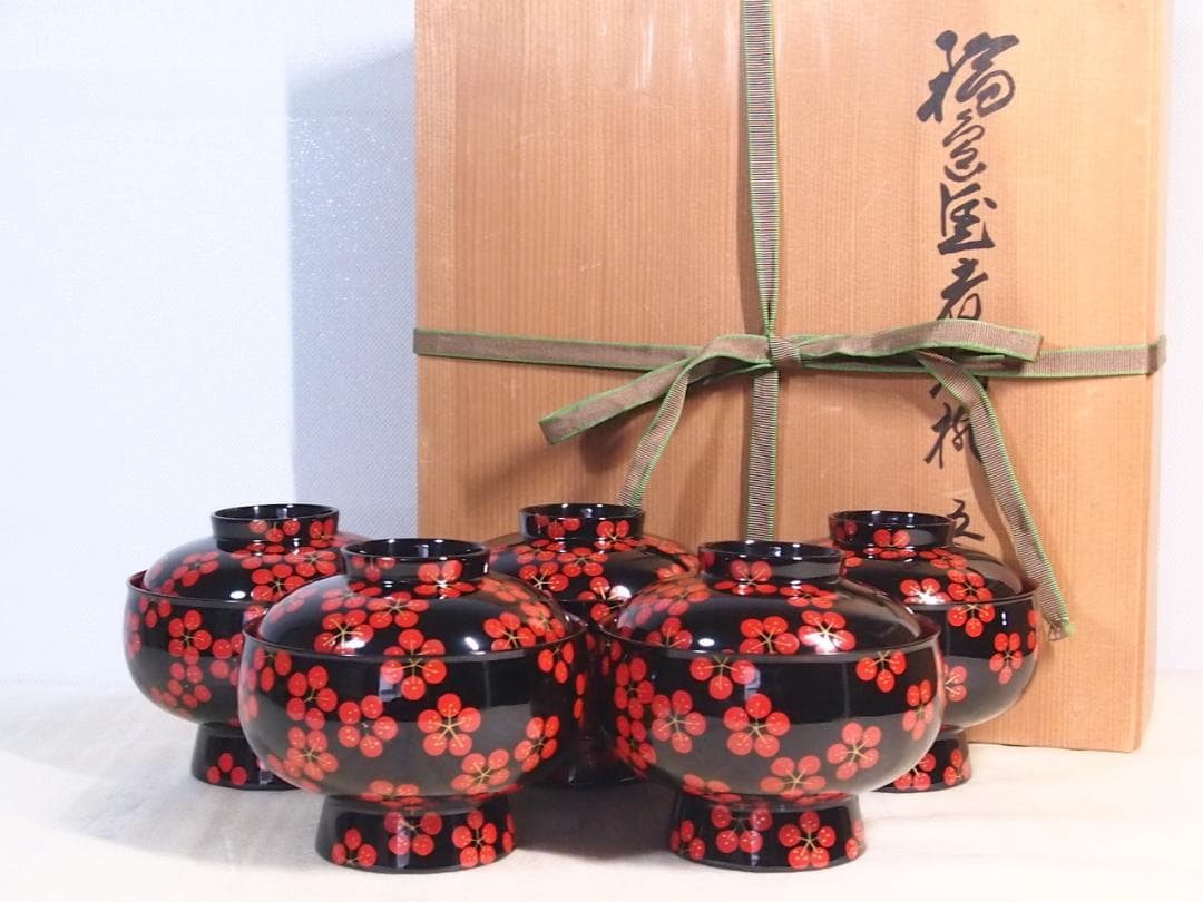 【美品】輪島塗 五島屋謹製 梅蒔絵 煮物椀5客 雑煮椀/大椀 梅づくし 漆器食器