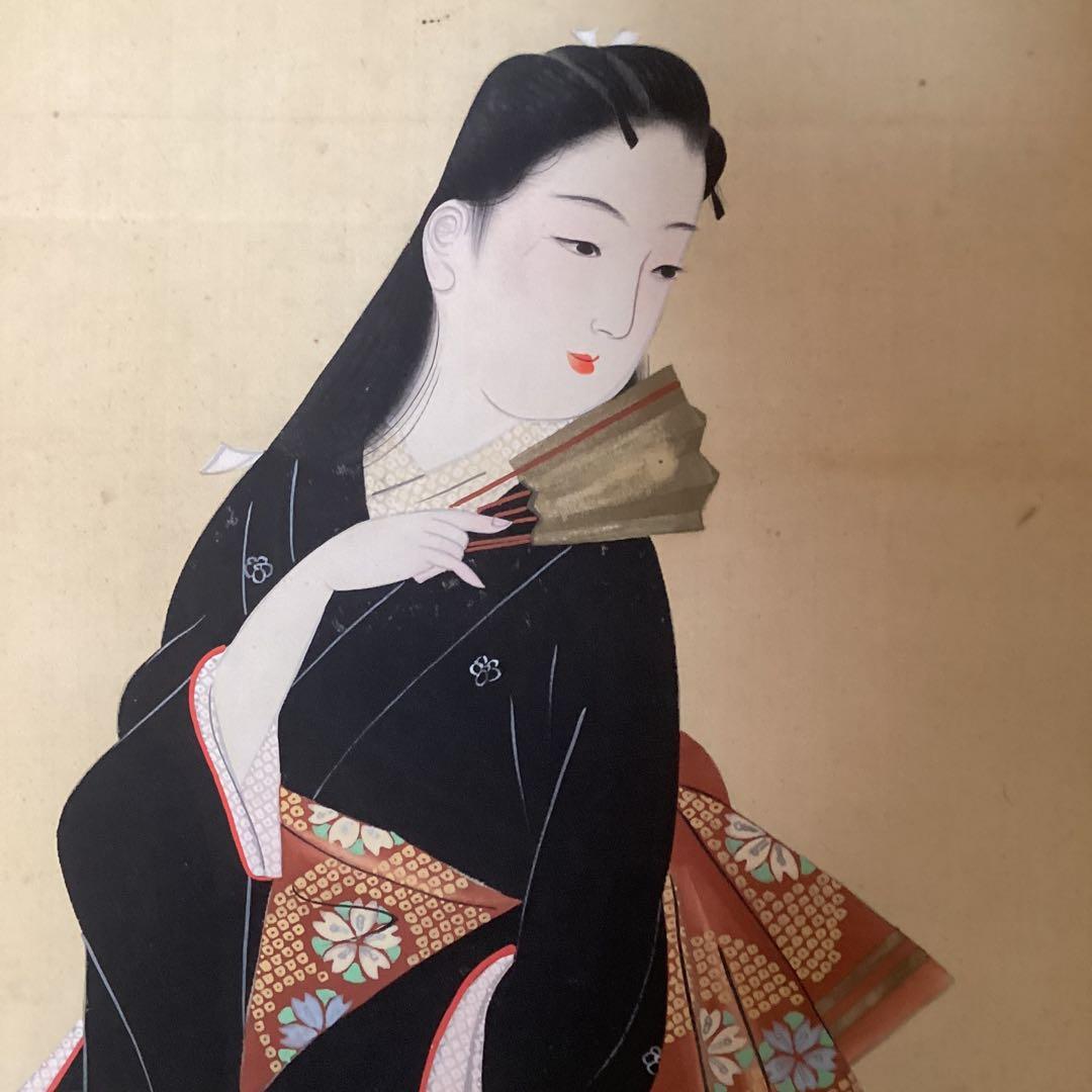 絹本着色画　【　月　下　美　人　之　図　】　玉泉筆　　桐箱　掛軸　一幅　297