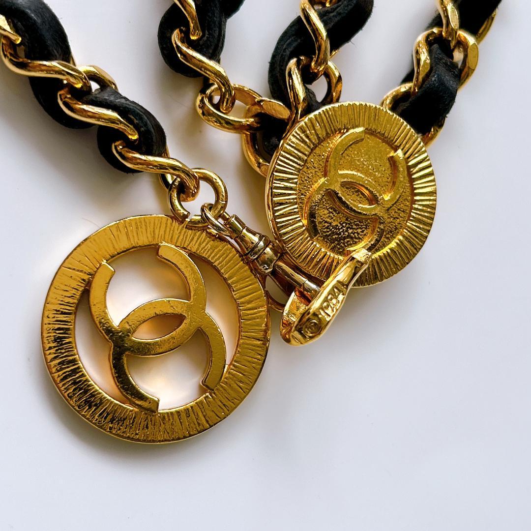 美品 シャネル ゴールドプレート×レザー 1984ココマーク ３連チェーンベルト