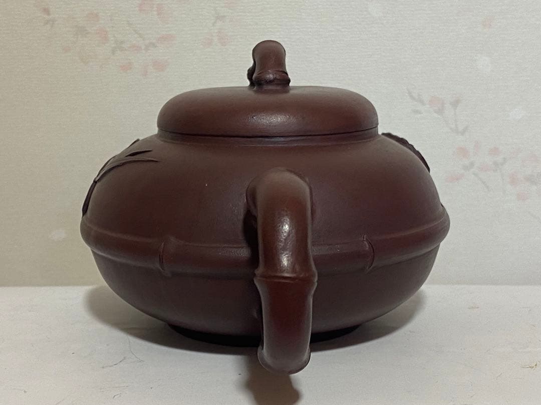 ♦中国？紫泥 梨地 紫砂 竹節 浮き彫り文様 茶壺？宜興窯 煎茶 茶道具 骨董品