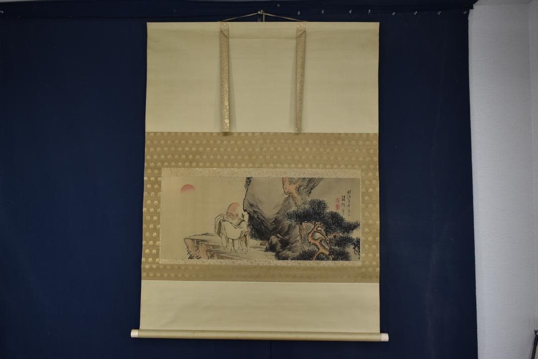 【真作】岡島清曠/寿老人図/横物/祝事人物図/掛軸☆宝船☆Z-693