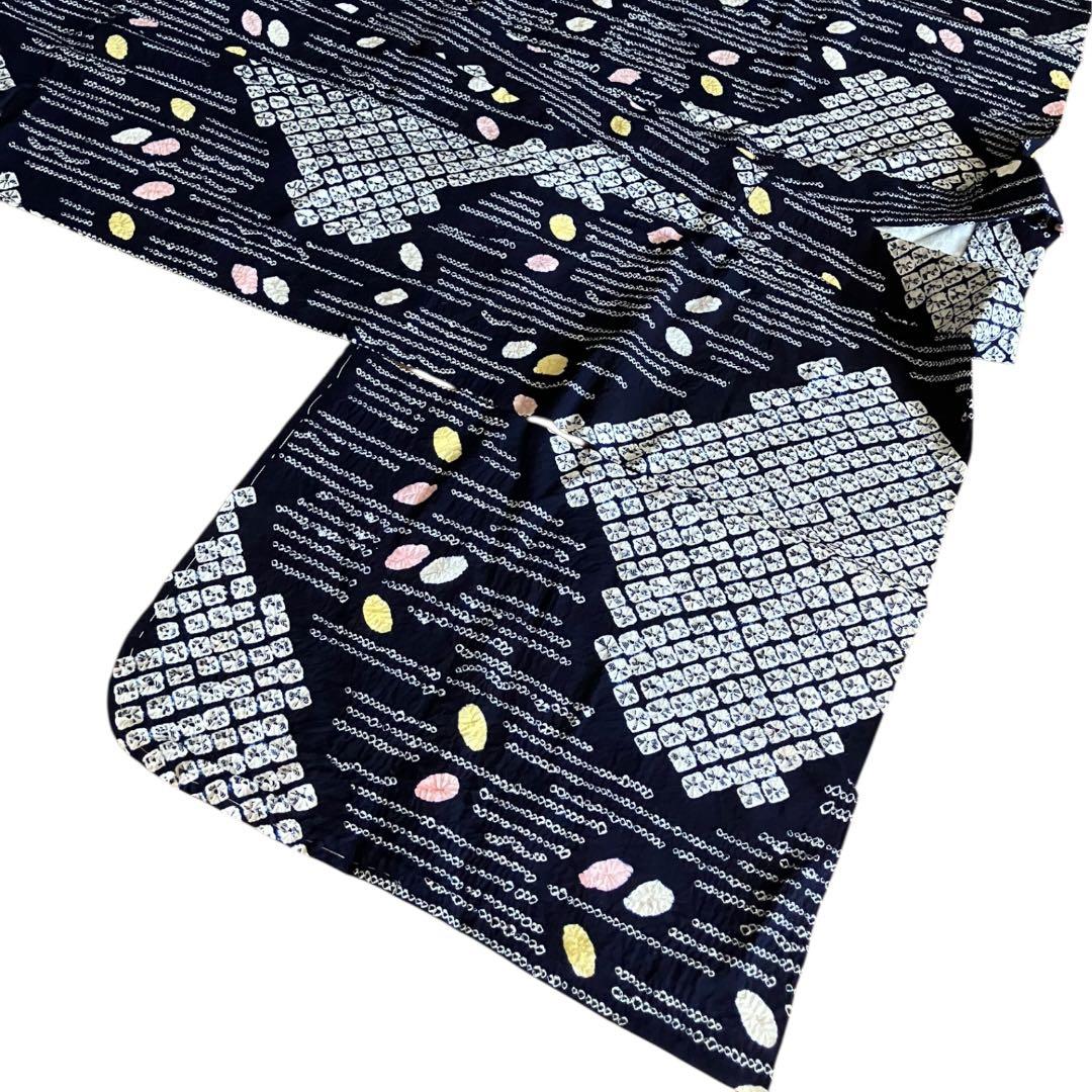 有松鳴海絞り 浴衣 未使用品 綿 バチ衿 夏着物　ネイビー 紺色 しつけ糸 逸品