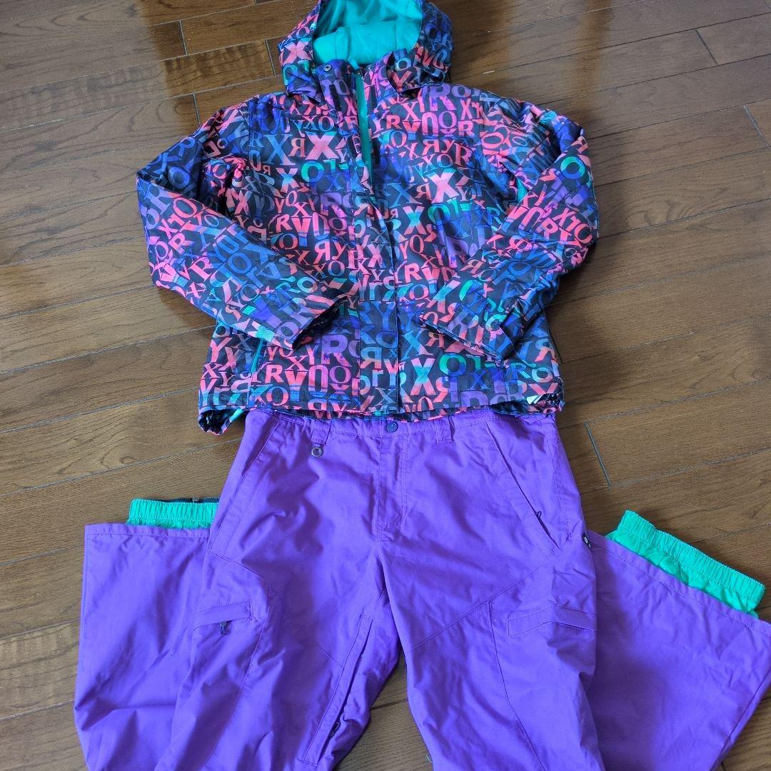ROXY　スノボウェア　上下セット　Ｍ　ロゴ　総柄　　　パープル　クリーニング済