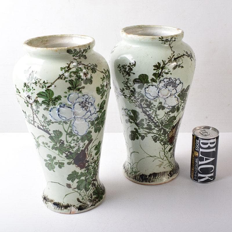 瀬戸焼　古瀬戸　青磁色絵花鳥文瓶　一対　J　R8751H