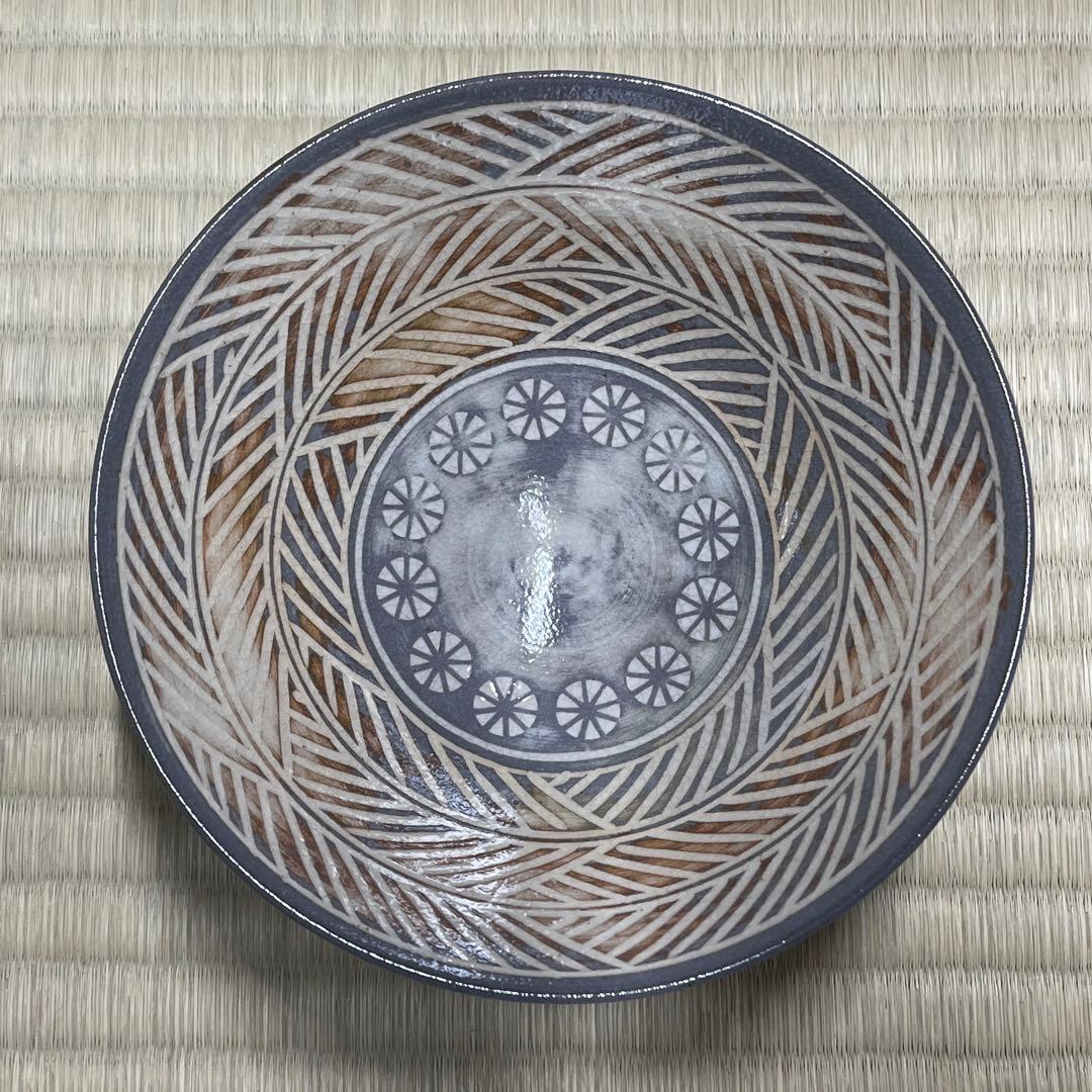 柿花窯 彫三島 平茶碗 茶道具 骨董品 923