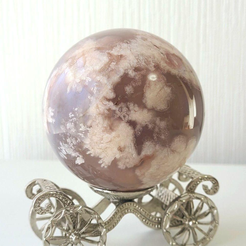 夜桜瑪瑙　スフィア　丸玉　天然石置物　コレクション　風水　フラワーアゲート　原石