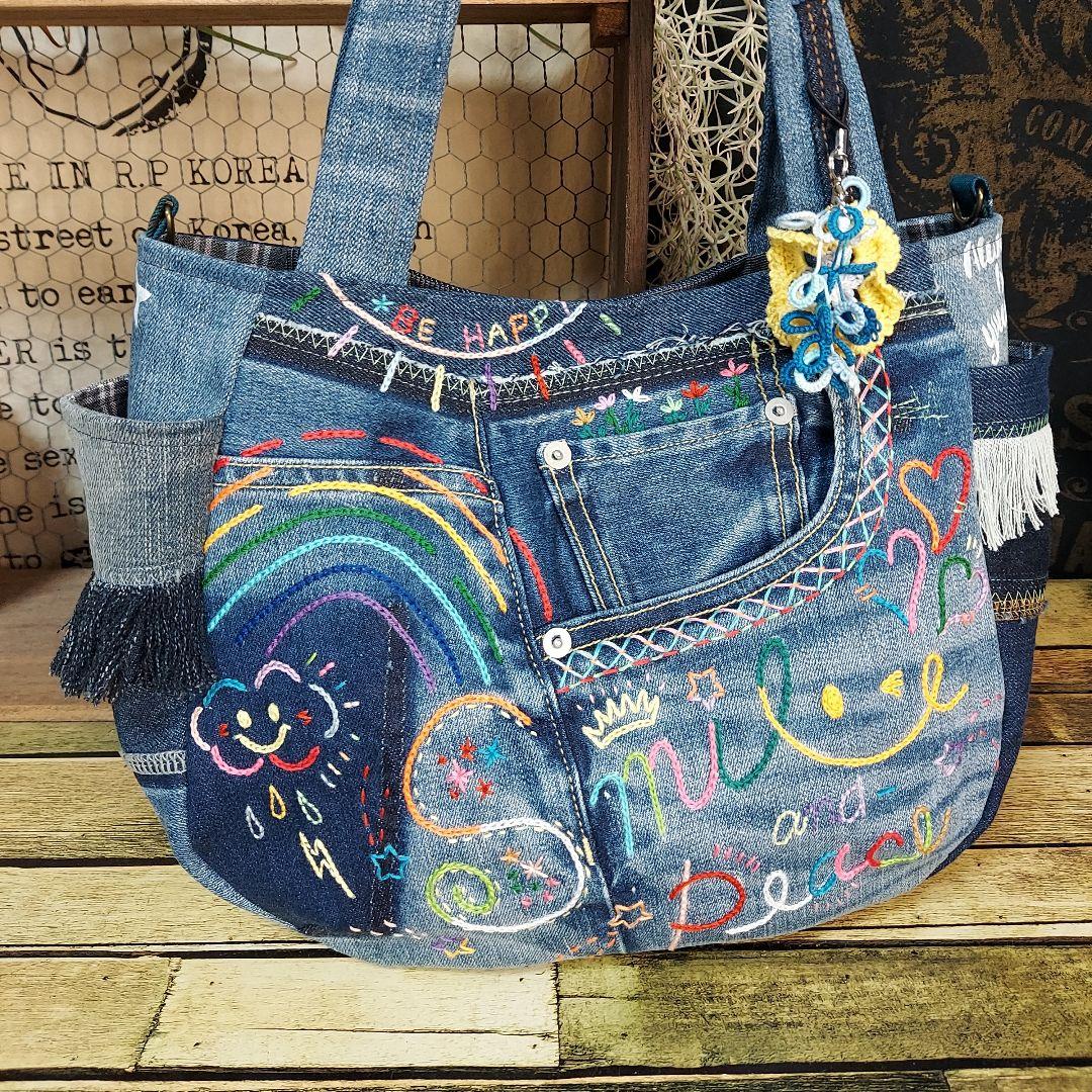 刺繍デニムバック　No.658　デニムリメイク　スマイリー　刺繍バック