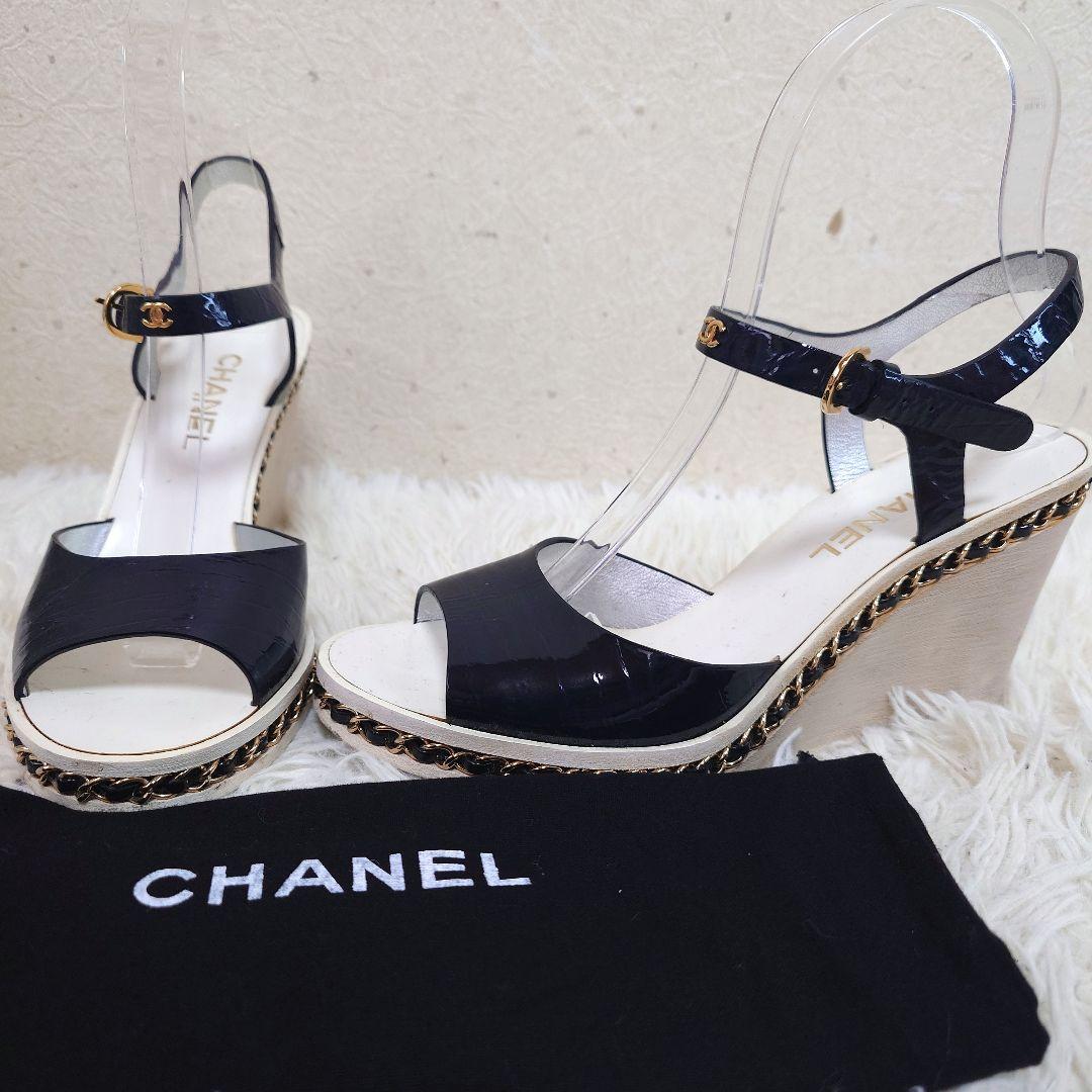 シャネル ミュール チェーン ココマーク ウッドソール 36c エナメル 保存袋