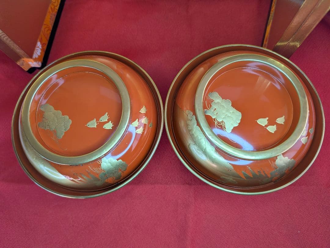 明治時代 輪島塗 金蒔絵 蓋付椀 波千鳥 2客 木製 汁椀 吸物椀 雑煮椀