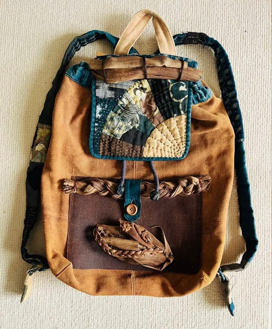 一点物◆柿渋 山葡萄 藍染リュック ハンドメイド 古布パッチワーク◆