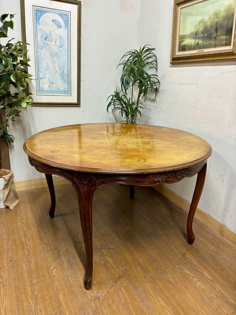 管469☆イタリア製☆アンティーク☆象嵌細工☆ラウンド型☆ダイニングテーブル