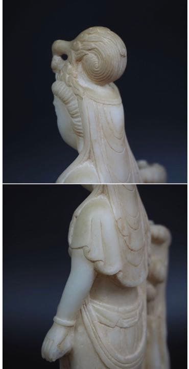 送料無料　古い白石彫刻 龍頭観音菩薩立像 箱付 中国古玩 仏教美術