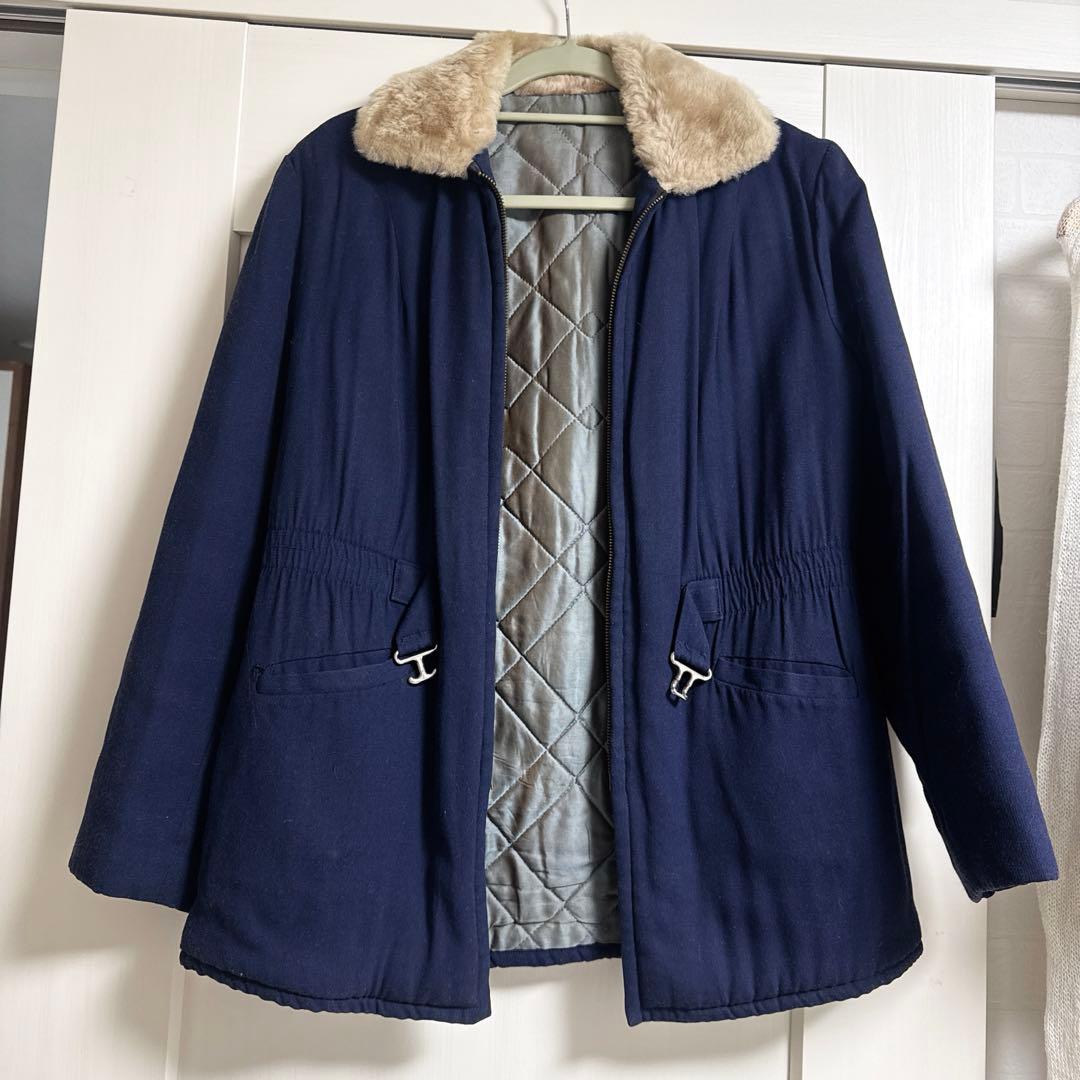 50s ネイビー茄子紺　キャンバス　レーヨン　ファーコート　ヴィンテージ