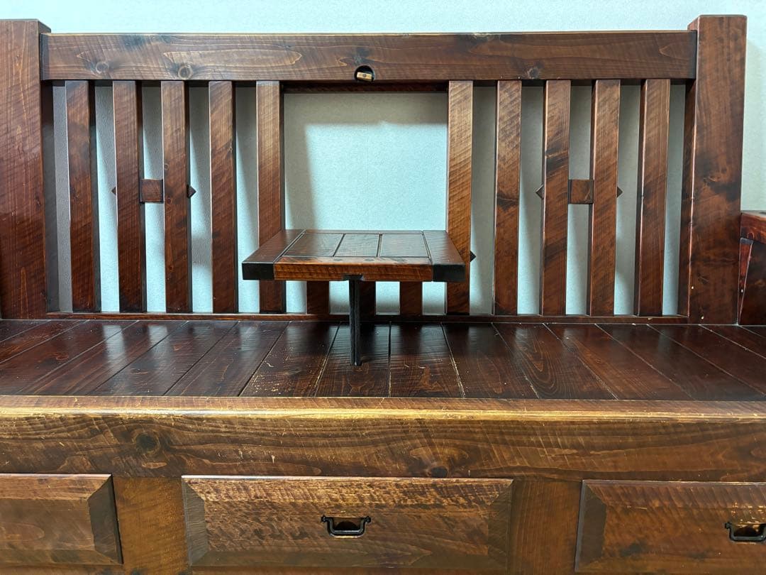 矢澤金太郎　無垢材の格子の長椅子　アンティーク