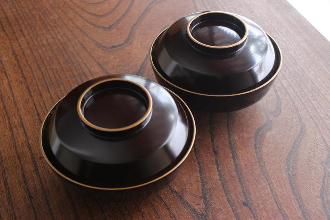 デッドストック！時代金縁黒漆に極上見返し菊詰沈金の映えるお椀2点（検輪島塗沈金椀