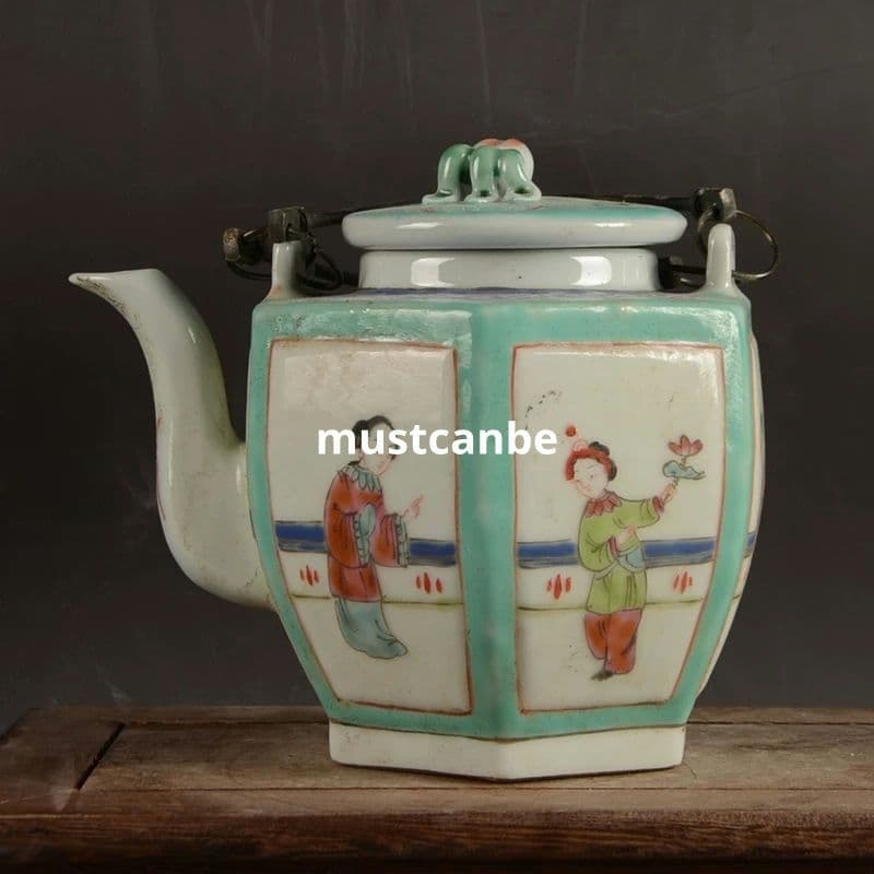 手画六方粉彩窓を開けて仕女紋提梁壺 急須 煎茶器 茶道具 装飾品 現代工芸品置物