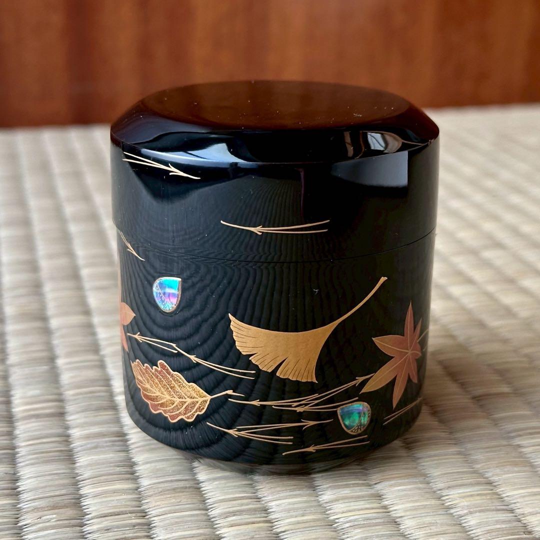 蒔絵師 中村宗尹作 【雪吹】「吹寄」棗 薄茶器 黒漆 金蒔絵 螺鈿 茶道具 共箱