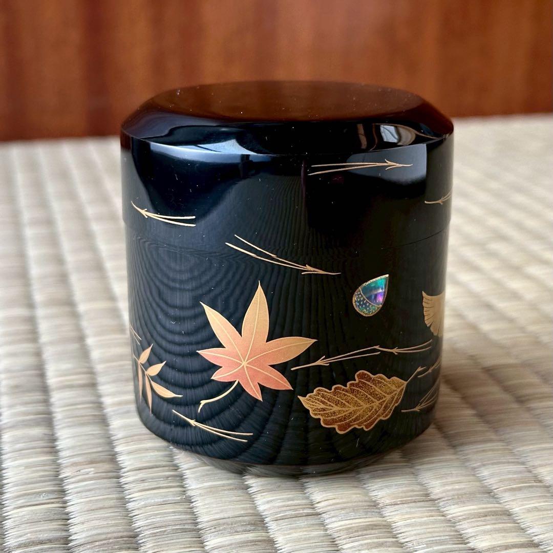 蒔絵師 中村宗尹作 【雪吹】「吹寄」棗 薄茶器 黒漆 金蒔絵 螺鈿 茶道具 共箱