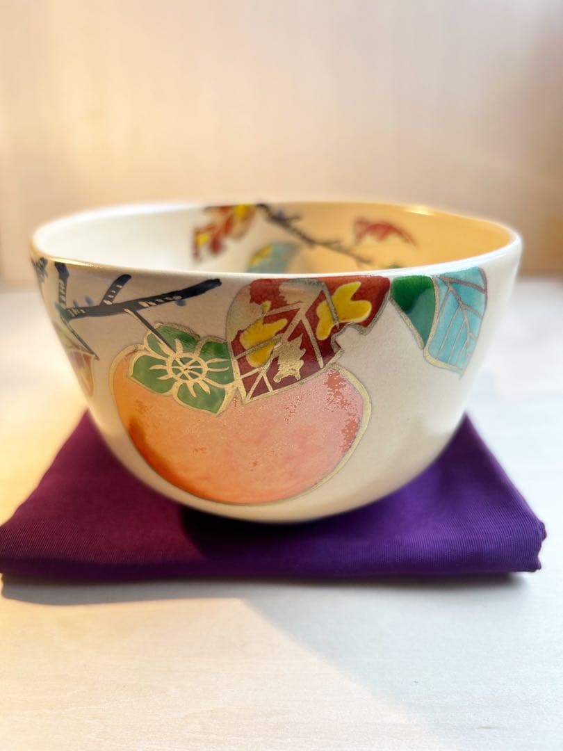 京焼　色絵　柿　木守り　抹茶茶碗　茶道具