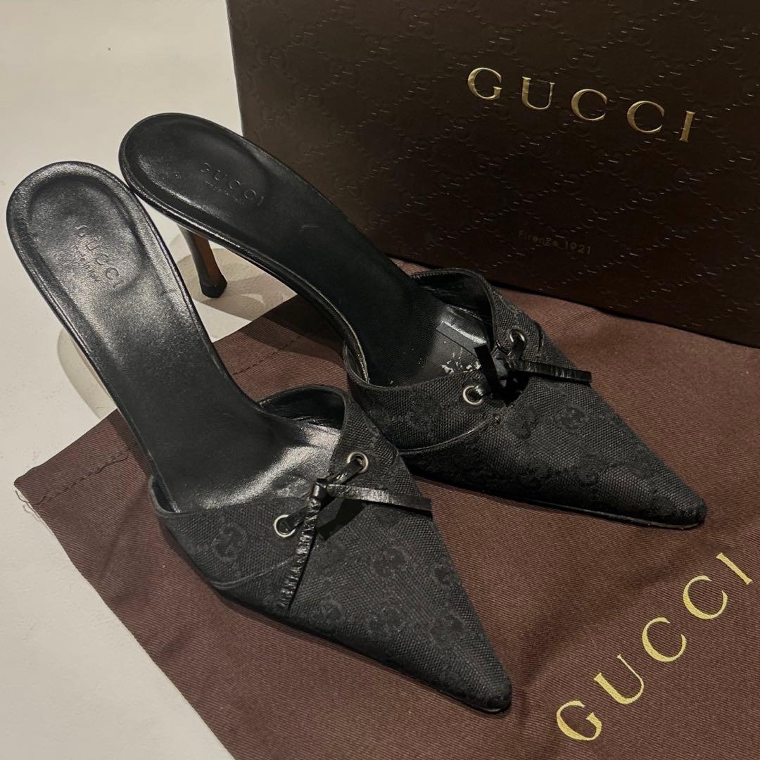 GUCCI グッチ GGキャンバス ミュール ブラック 39 リボン