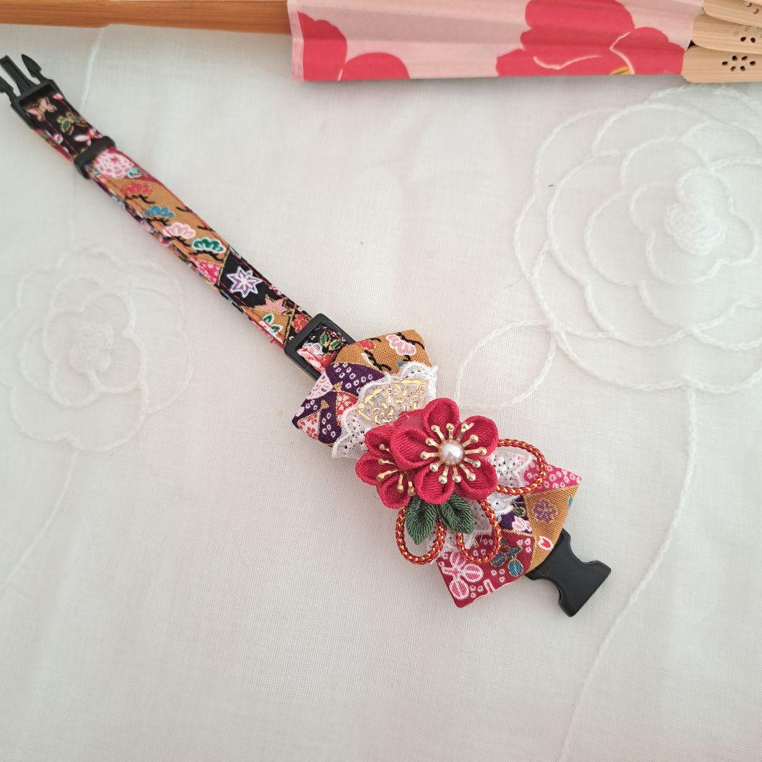 お正月、つまみ細工シングルリボン(赤③)わんちゃん猫ちゃん用首輪